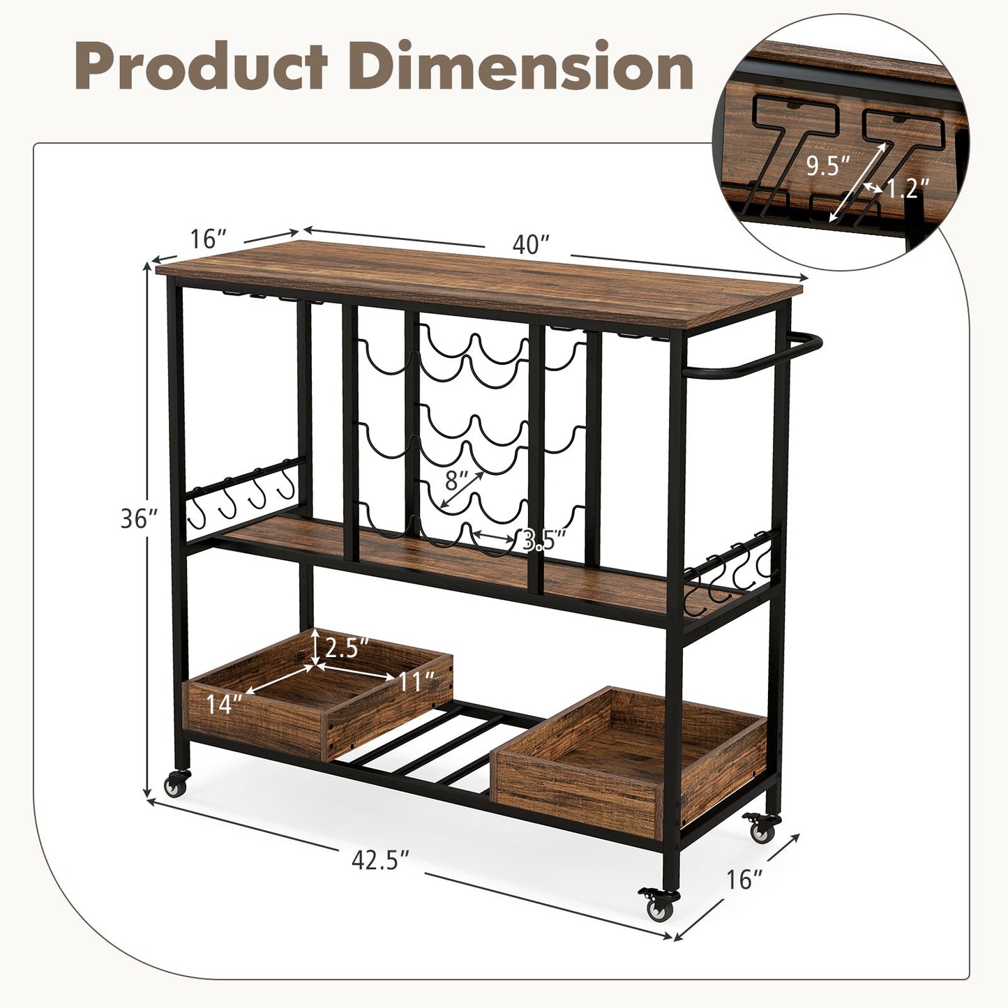 3 Tiers Bar Cart on Wheels with Glass Racks
