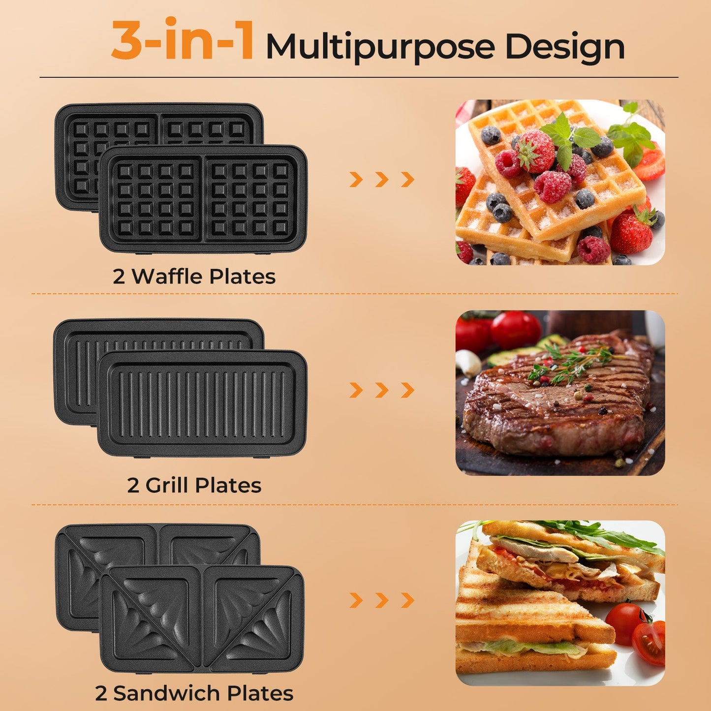 3-in-1 1082W Sandwich Maker with Removable Non-Stick Plates-Black
