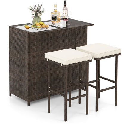 3PCS Patio Rattan Wicker Bar Table Stools Dining Set-Turquoise