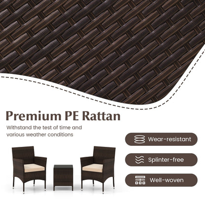 3 Pieces Outdoor Conversation Set with Cushioned Seat and Glass Tabletop
