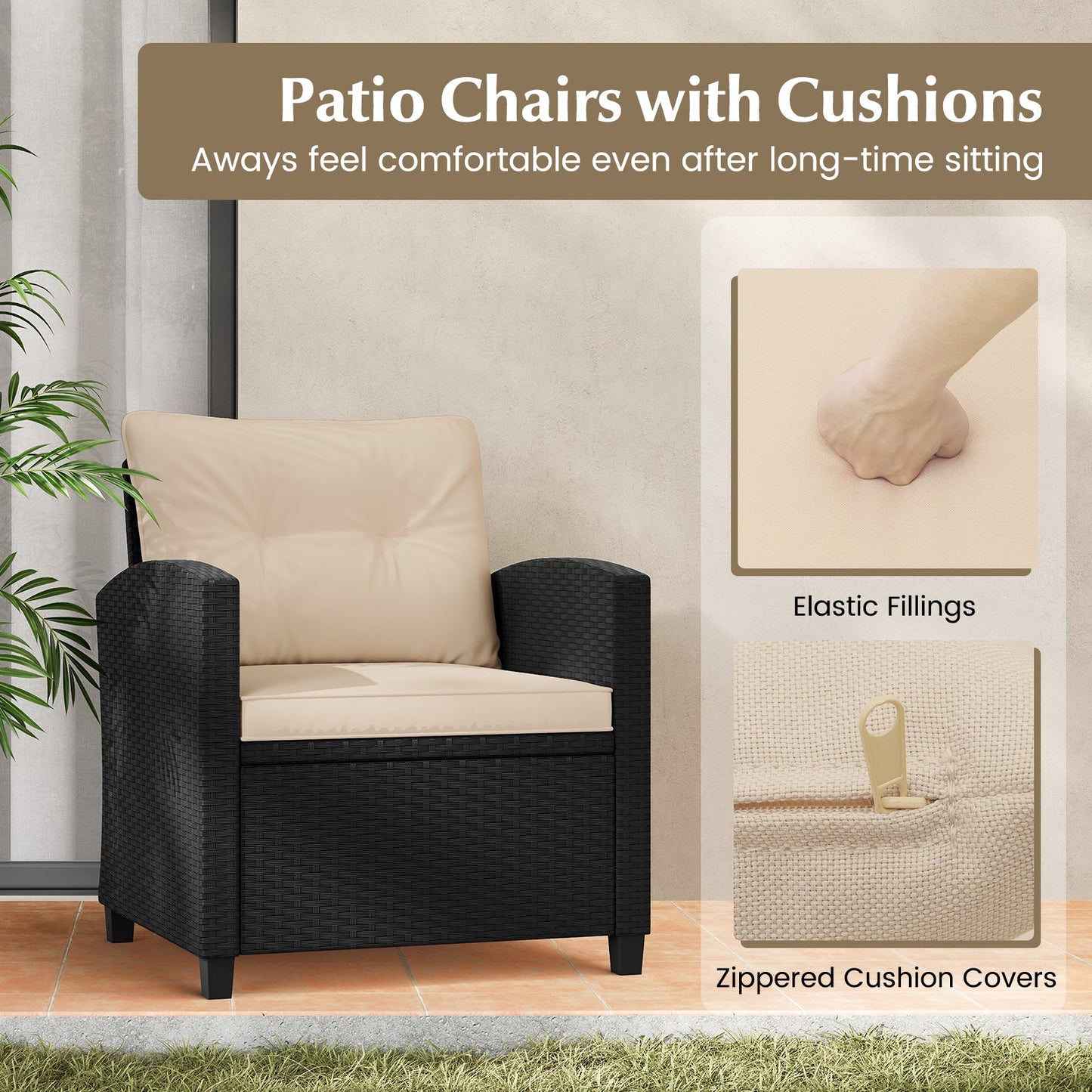 3 Pieces Patio Furniture Set with Tempered Glass Coffee Table