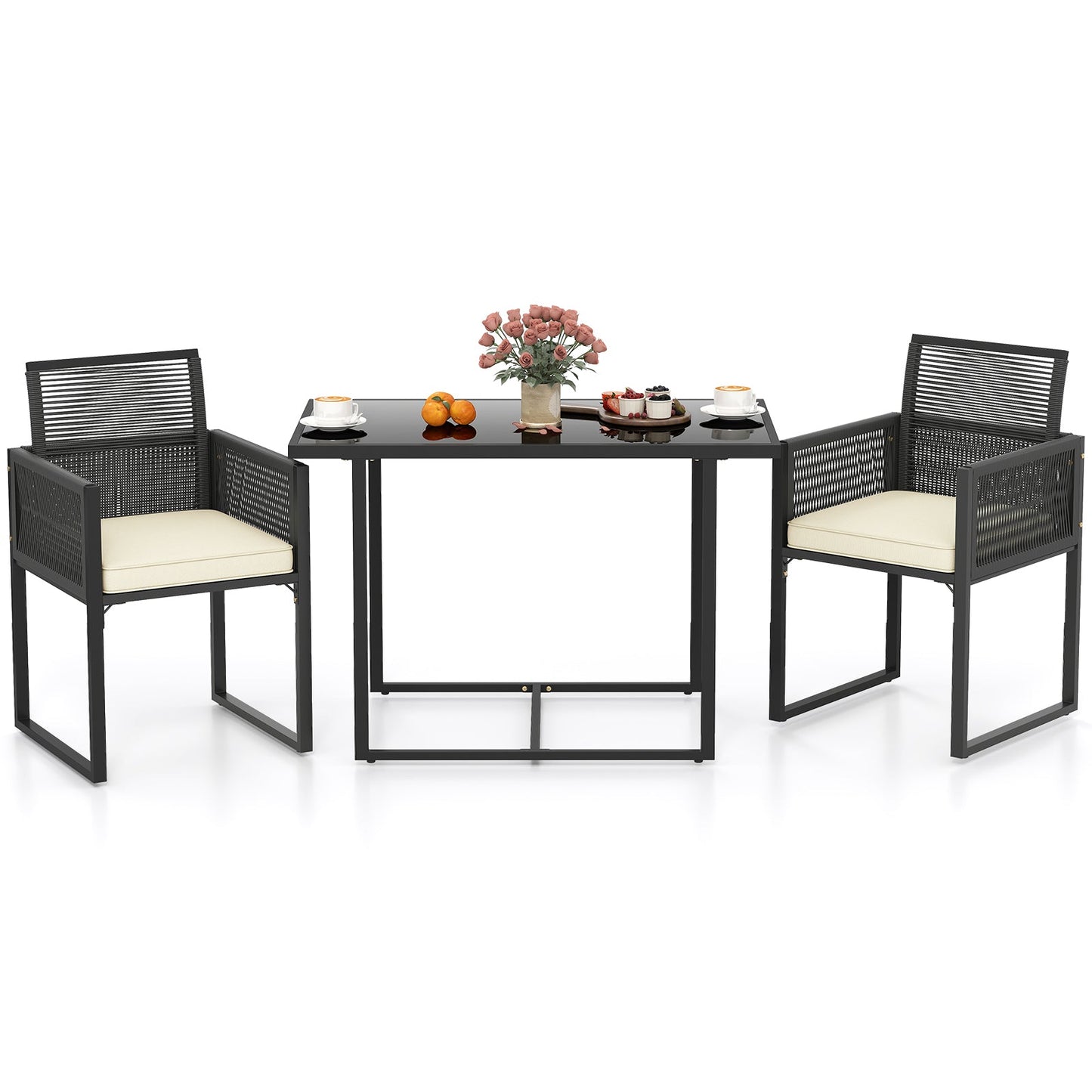 3 Pieces Patio Tempered Glass Top Table and Chairs Set for Porch Backyard-White