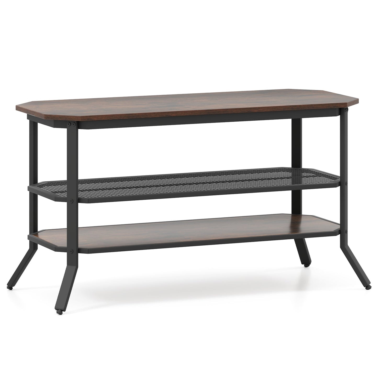 3-tier Console Table TV Stand with Mesh Storage Shelf-Rustic Brown