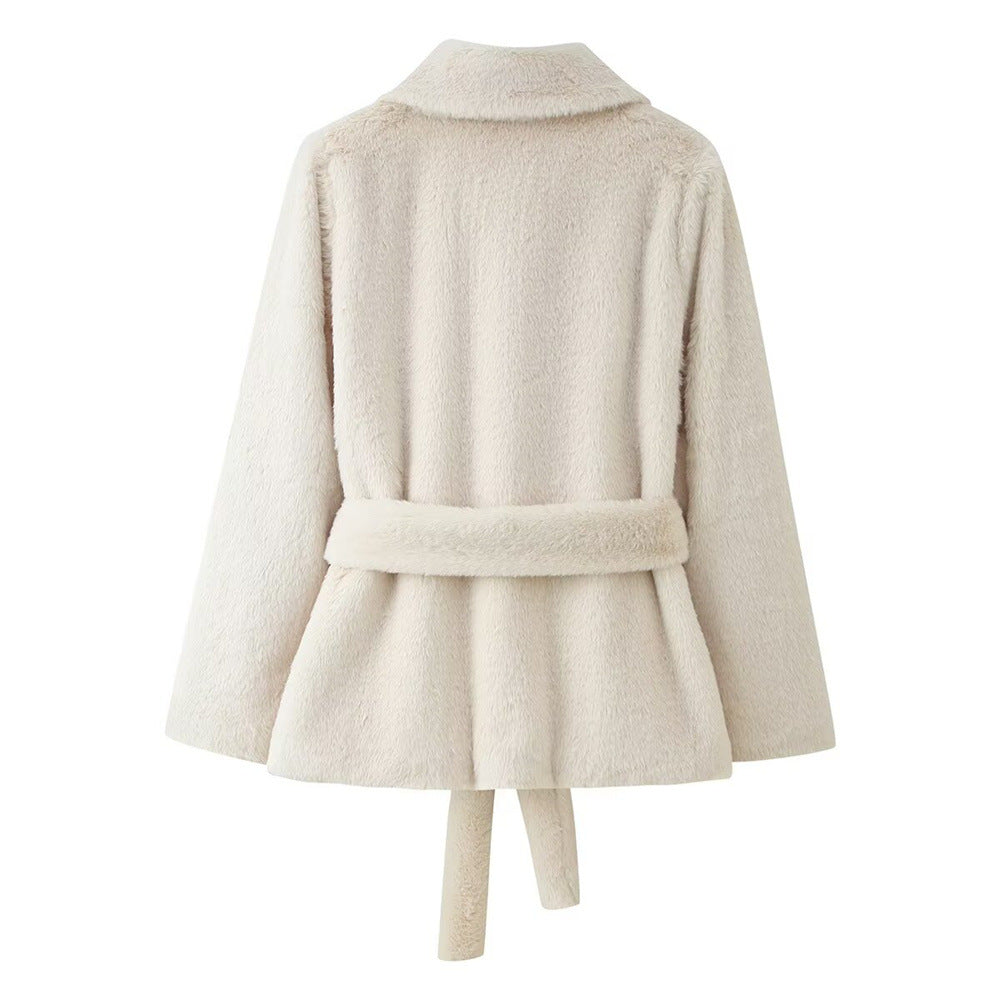 Lapel Women's Casual Slim-fit Solid Color Belt-effect Faux Fur Coat