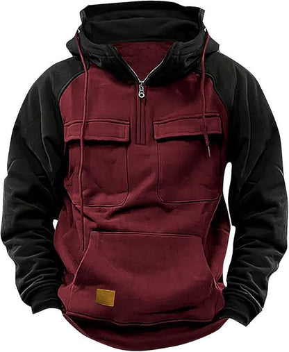 Fall Winter Retro Cargo Hoodies Men's Half Zipper Solid Warm Fleece Sweatshirts Multi Pockets Male Hooded Jackets Thick Outdoor Hooded