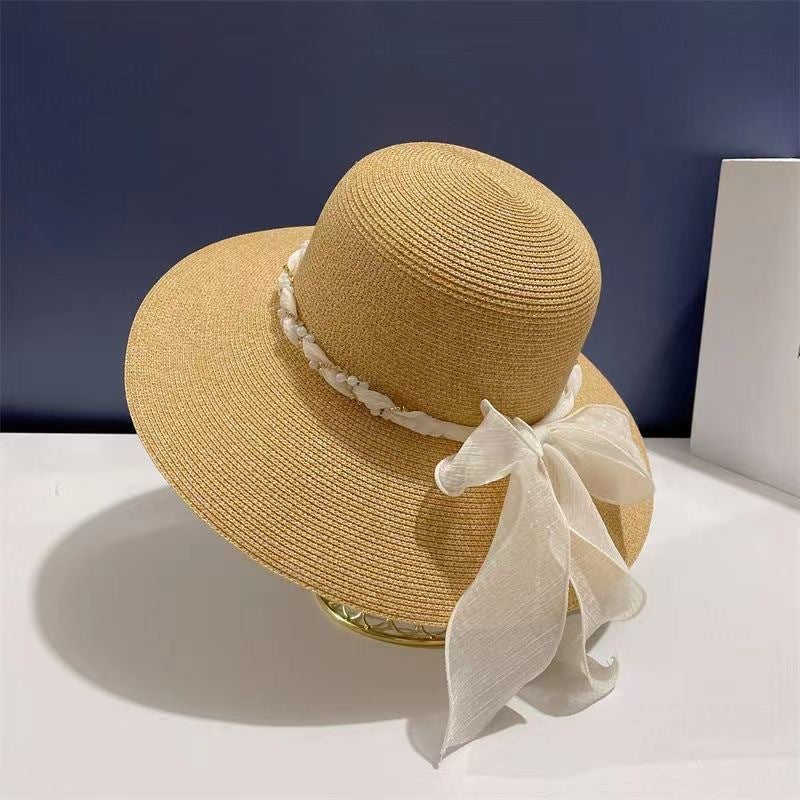 French Style Lace Strap Big Brim Beach Hat Seaside Play Straw Hat Female Sun-proof All-matching