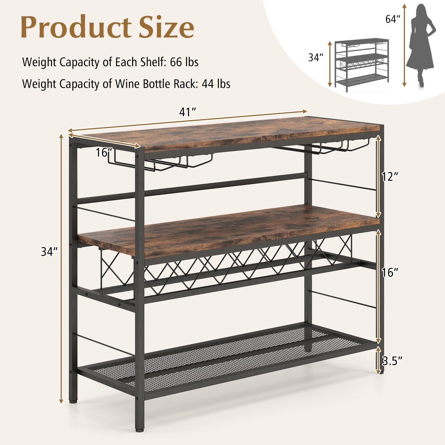 41 Inch 4-Tier Bar Table with Wine Rack and 4 Rows of Glass Holders-Rustic Brown