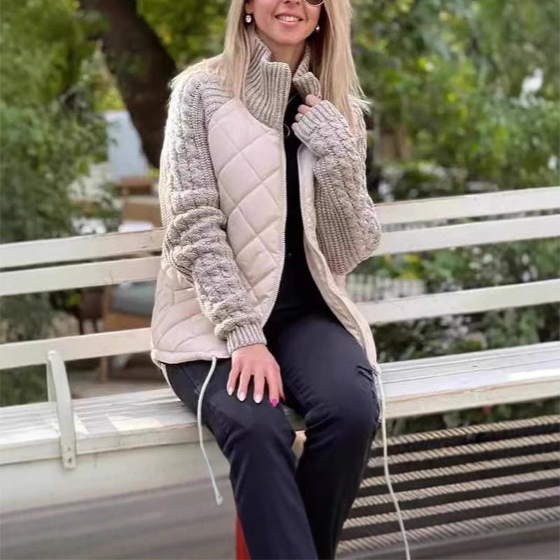 Winter Stand Collar Cotton Jacket With Pockets Fashion Knitted Stitching Zipper Coat Warm Tops For Women Clothing