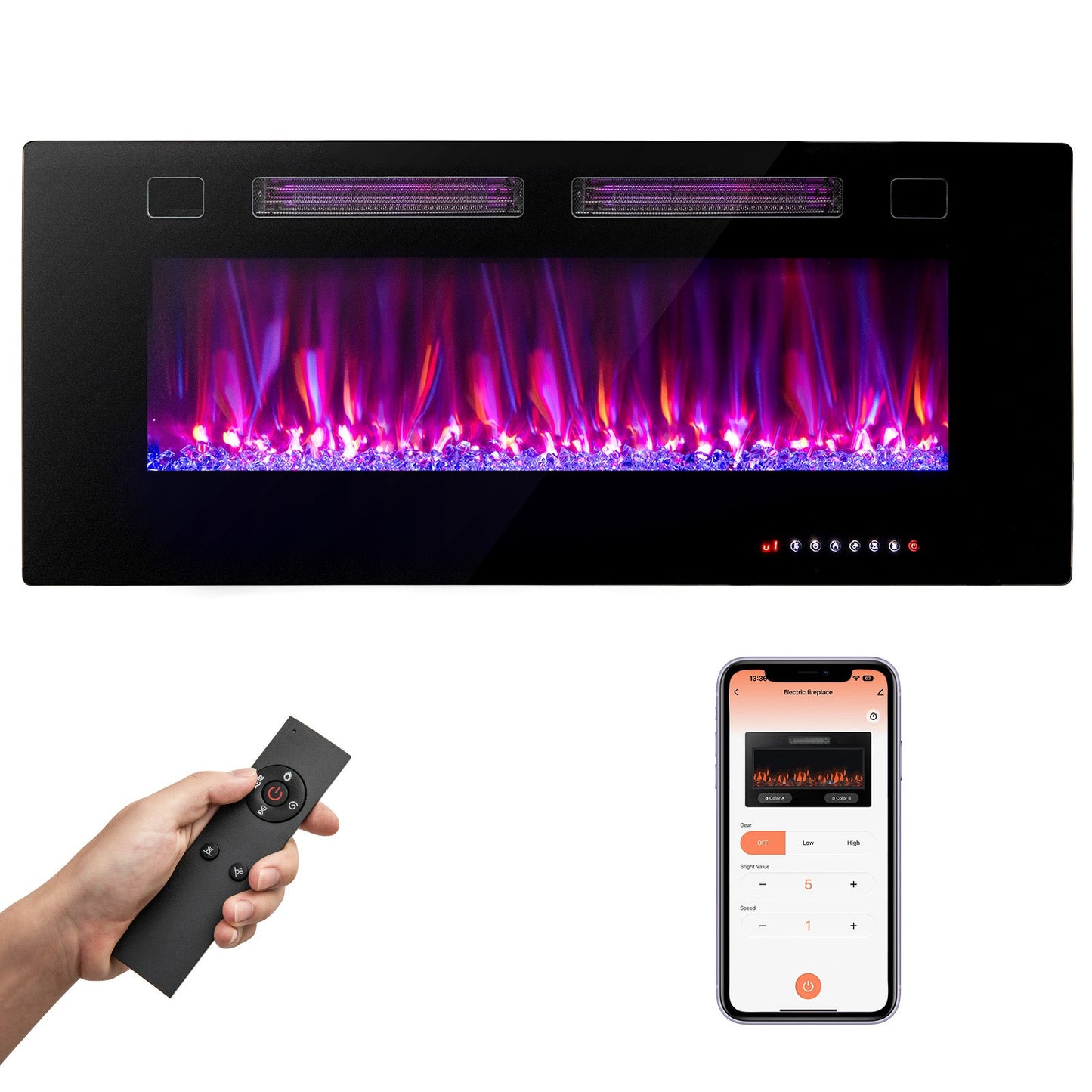 42/50/60/72 Inch Ultra-Thin Electric Fireplace with Decorative Crystals-50 inches