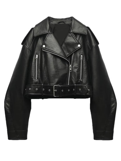 Womens Retro Short-belted Biker Jacket