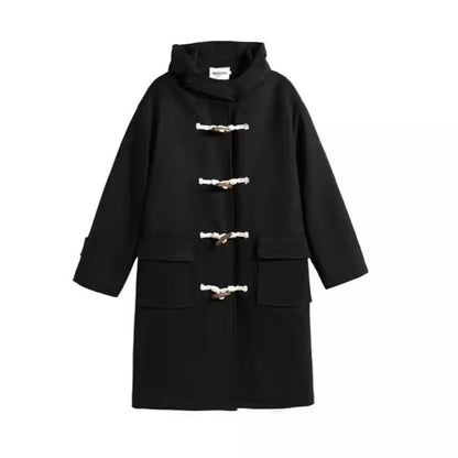 Long Black Toggle Button Wool Coat Women's Woolen Coat