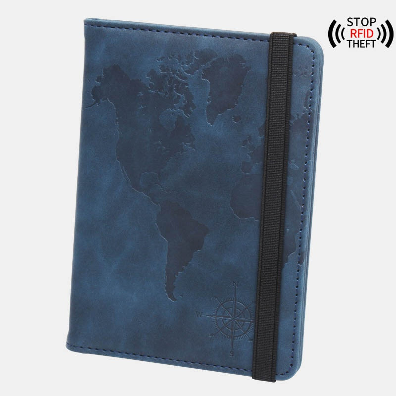 World Map Passport Case Strap Anti-magnetic Multiple Card Slots Leather Compass Elastic Band Ticket Clip