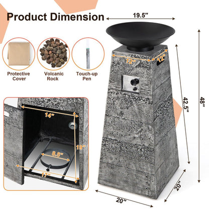 48-Inch Large Outdoor Propane Fire Bowl Column With Cover & Lava Rocks (SAK70938)