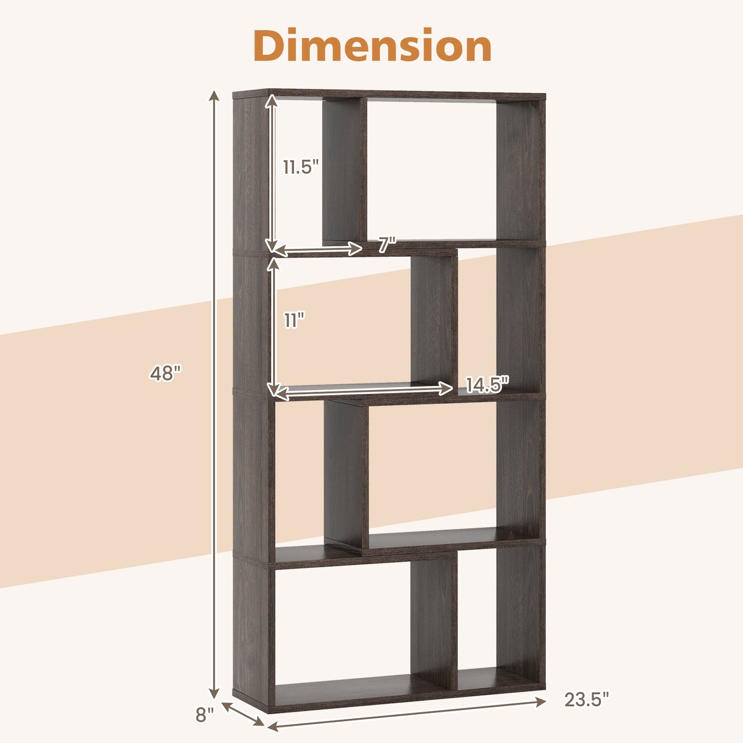 48 Inch 4-Tier Geometric Bookshelf with 8 Cubes for Living Room Bedroom