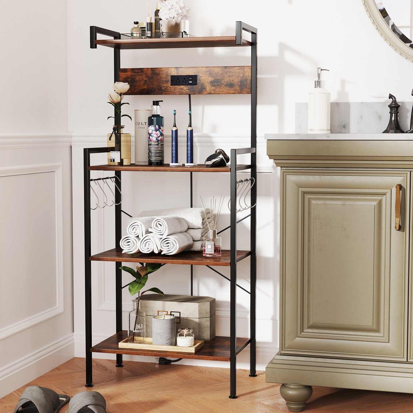 4-Tier Kitchen Bakers Rack with Power Outlet and 8 Hooks-Rustic Brown
