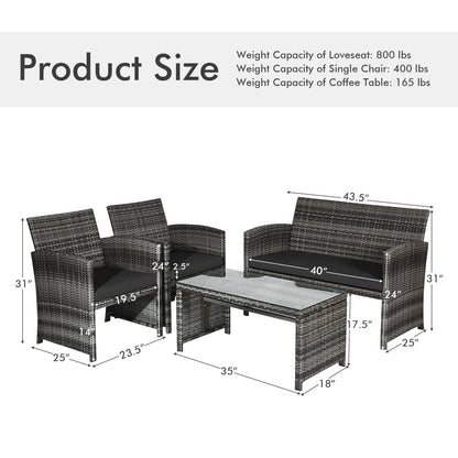 4 Pieces Patio Rattan Furniture Set with Glass Table and Loveseat-Gray