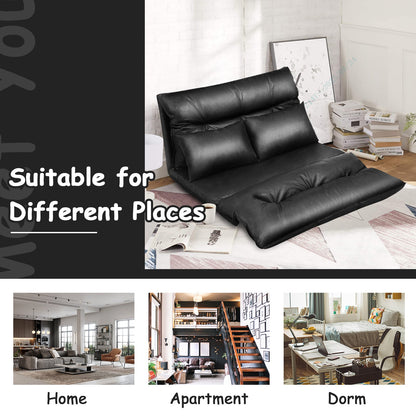 Foldable PU Leather Leisure Floor Sofa Bed with 2 Pillows-Black