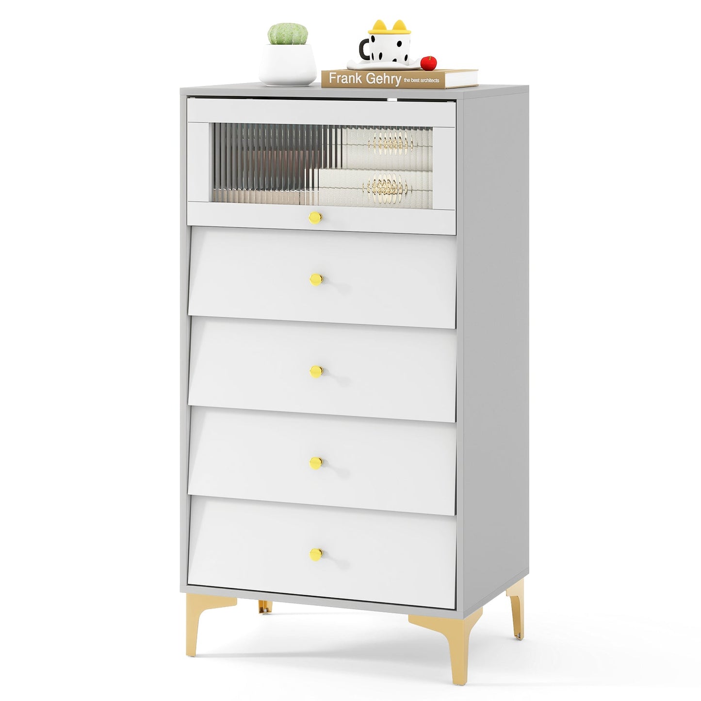 4 Drawer Modern Storage Cabinet with Flip Up Fluted Glass Door-Gray and White
