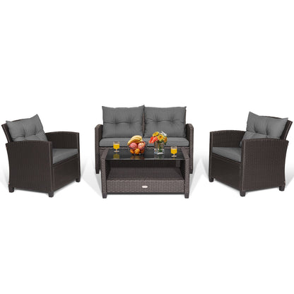 4 Pieces Patio Rattan Conversation Furniture Set with Glass Top Coffee Table-Gray