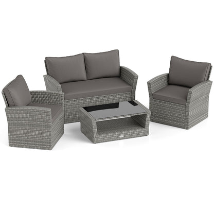 4 Pieces Patio Rattan Furniture Set Sofa Table with Storage Shelf Cushion