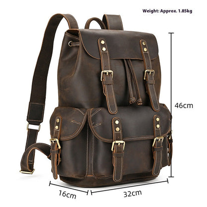Large Capacity Crazy Horse Leather Backpack Travel Outdoor Flip