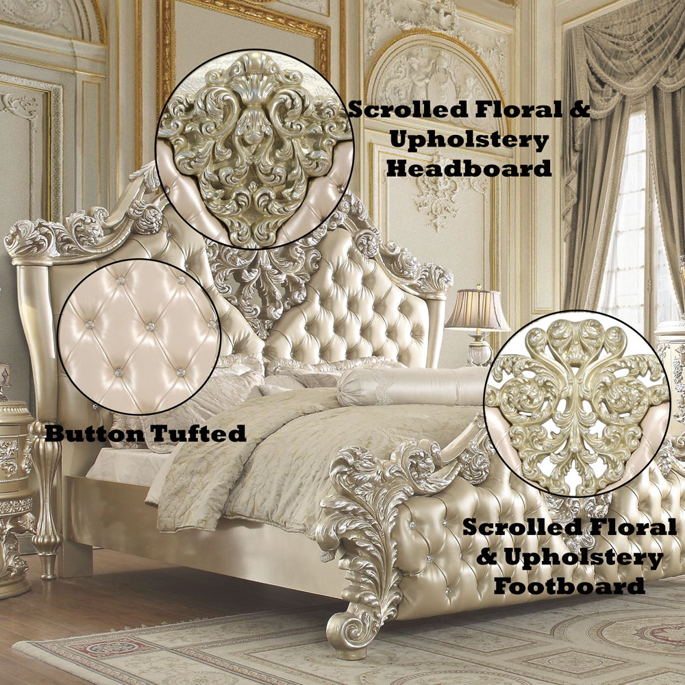 Vatican - Eastern King Bed - Synthetic Leather, Light Gold & Champagne Silver