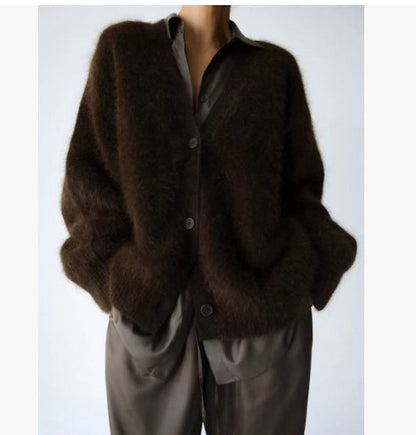 Loose V-neck Button Cardigan Fall Winter Fashion Single Breasted Knitted Sweater Top Women's Clothing