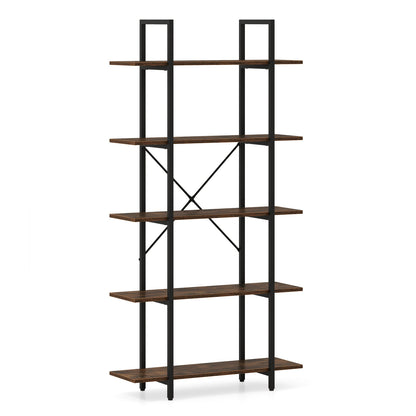 5-Tier 62 Inch Tall Vintage Industrial Bookcase with Open Storage Shelves-Rustic Brown