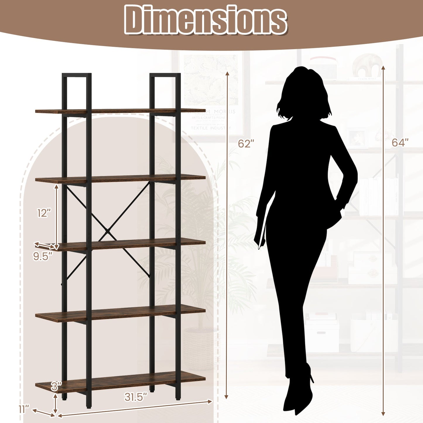 5-Tier 62 Inch Tall Vintage Industrial Bookcase with Open Storage Shelves-Rustic Brown