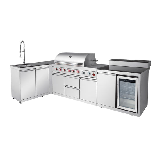 95.8" 6+1 Burner 95,500 BTU Outdoor Kitchen Island Grill Silver + Sink + Refrigerator + Bar Table