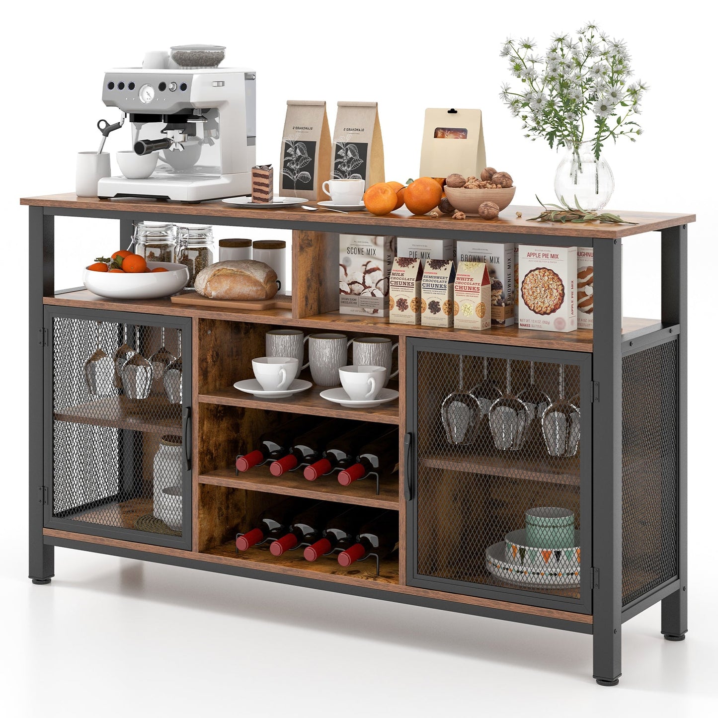 55-Inch Buffet Sideboard with 8-Bottle Wine Racks and Wine Glass Holders