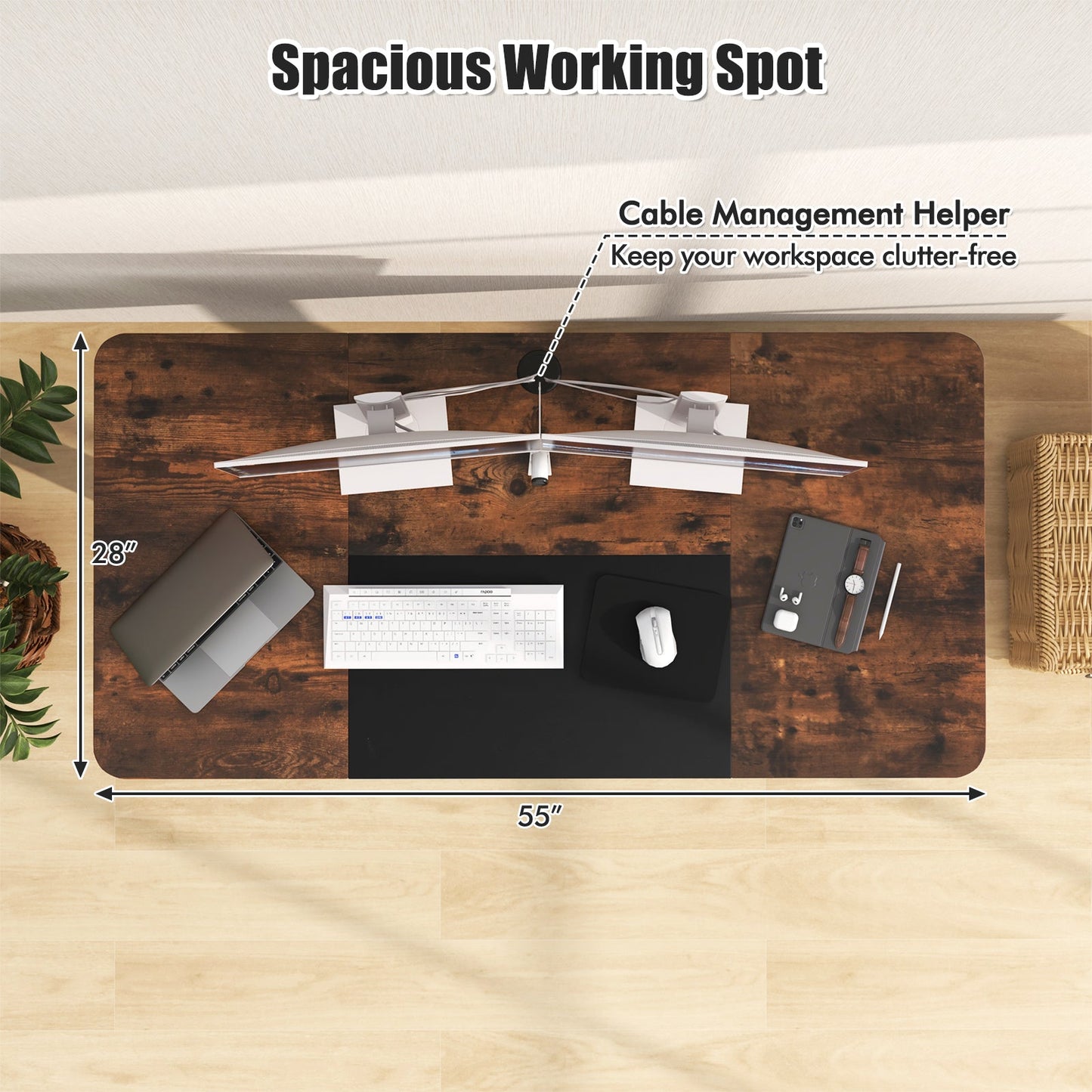55 Inch Electric Standing Desk Adjustable with Cable Management Hole-Brown