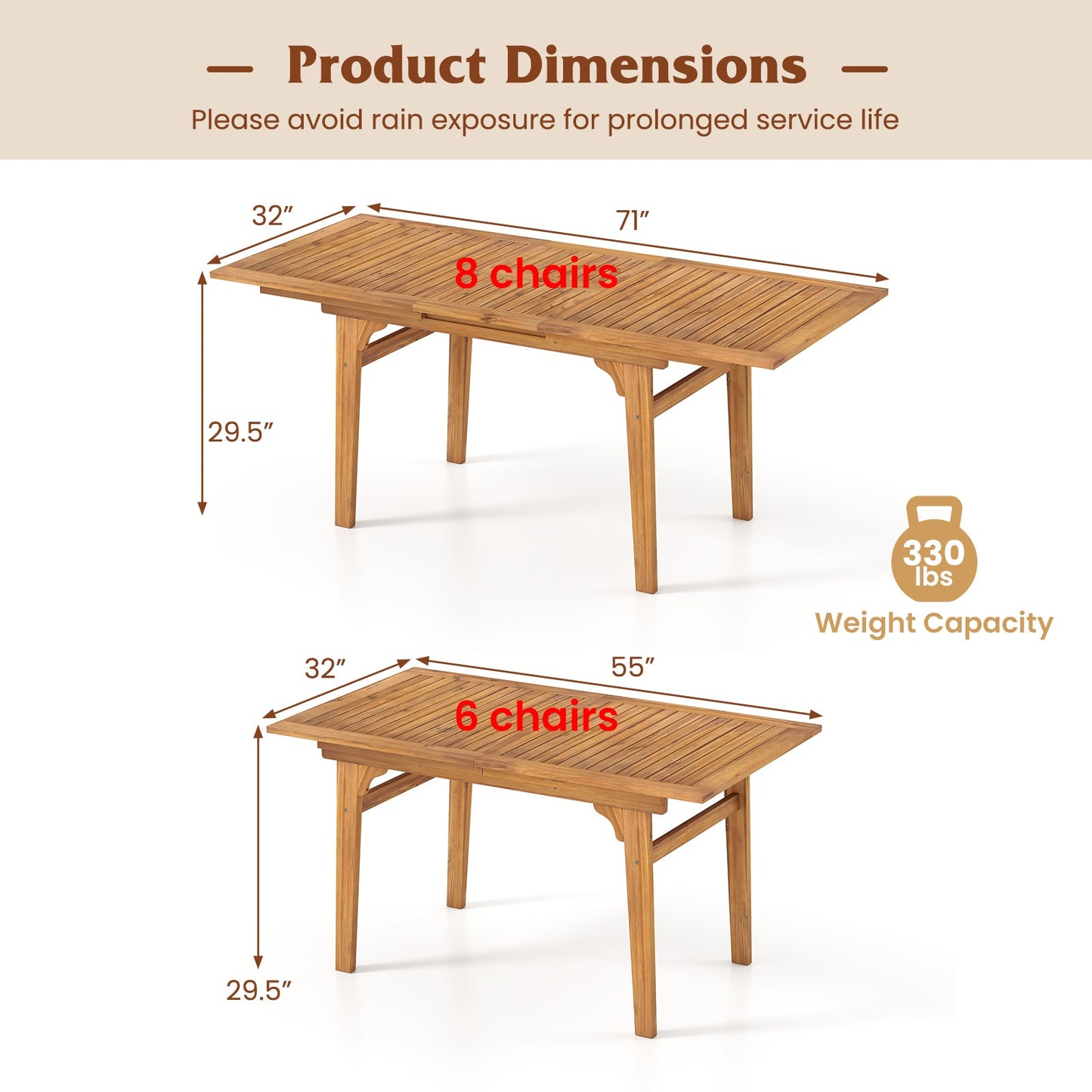 55 Inch Patio Dining Table Expandable for 6-8 People with Umbrella Hole