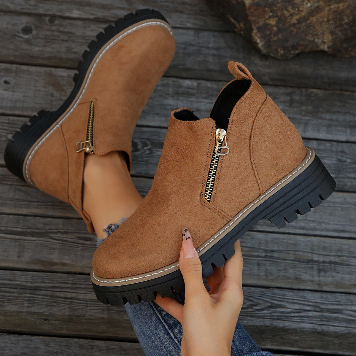 Fashion Ankle Boots With Side Zipper Ins Chunky Boots Autumn Winter Suede Shoes Women