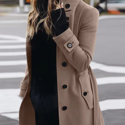 Autumn Winter New Woolen Coat Women's Slim Fit Cardigan Large Coat Women Long Sleeve Single Breasted Stand Collar Woolen Coat