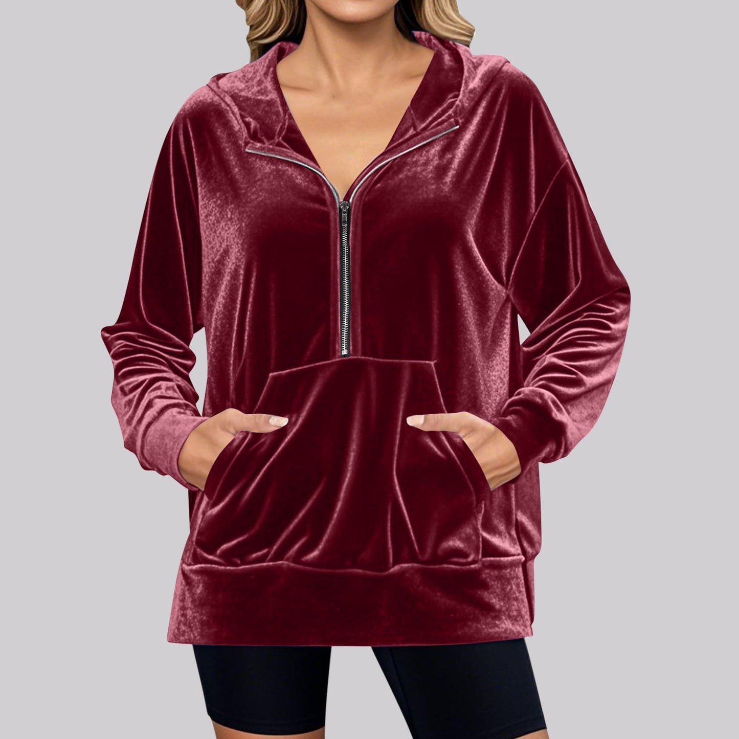 Loose Long Sleeve Zipper Pocket Pleuche Top Women