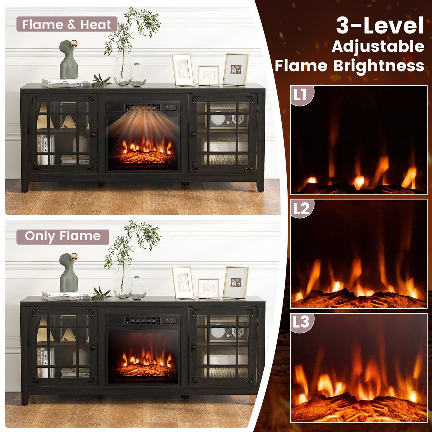 58 Inch Fireplace TV Stand with Adjustable Shelves for TVs up to 65 Inch-Black
