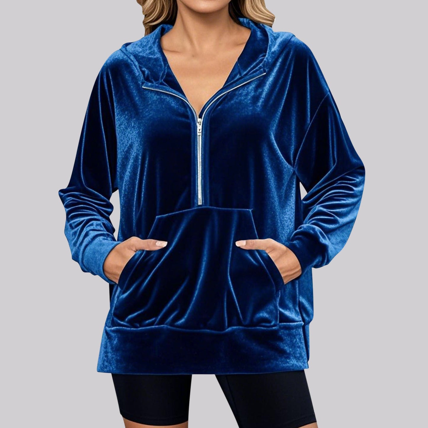 Loose Long Sleeve Zipper Pocket Pleuche Top Women