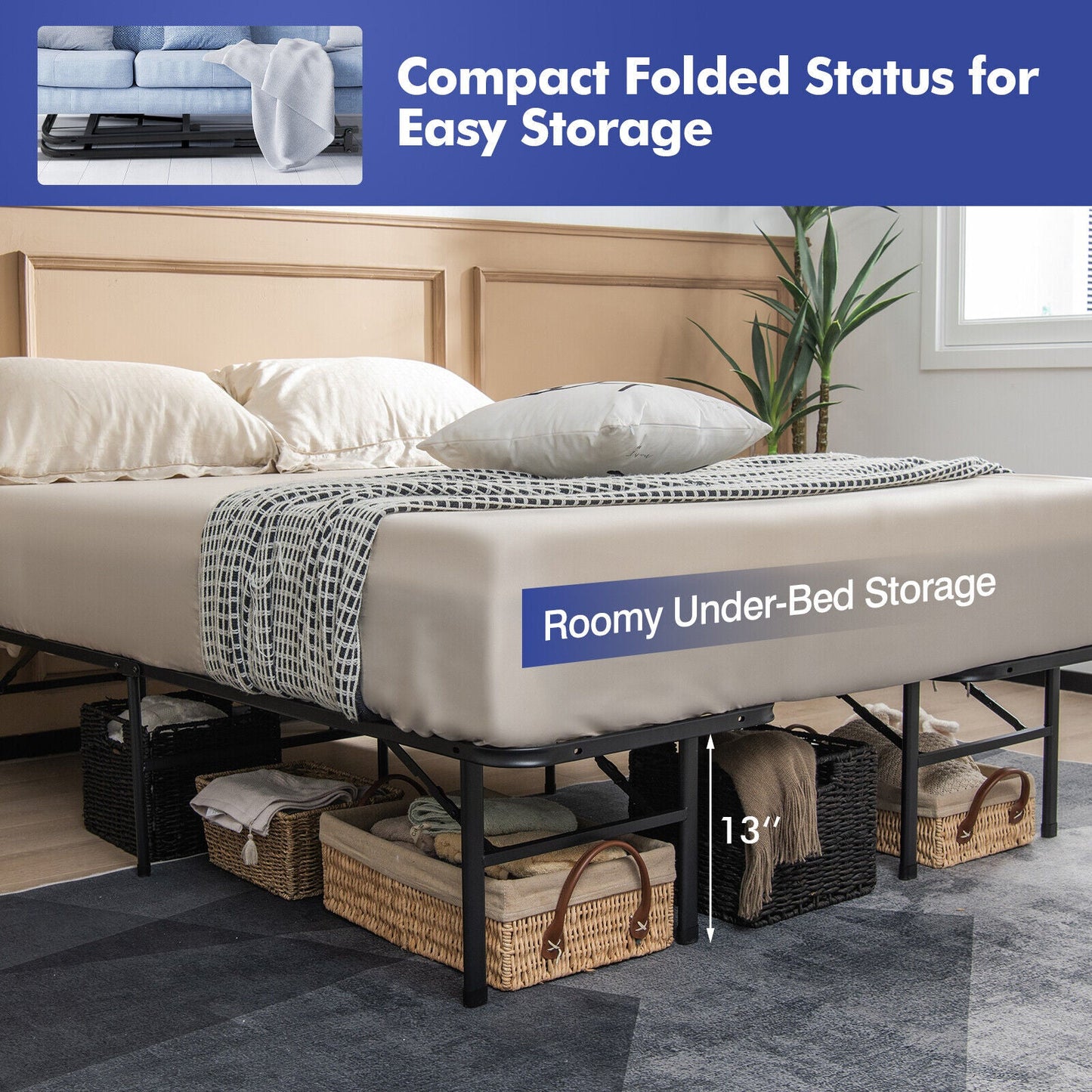 Full/King Size Folding Steel Platform Bed Frame for Kids and Adults