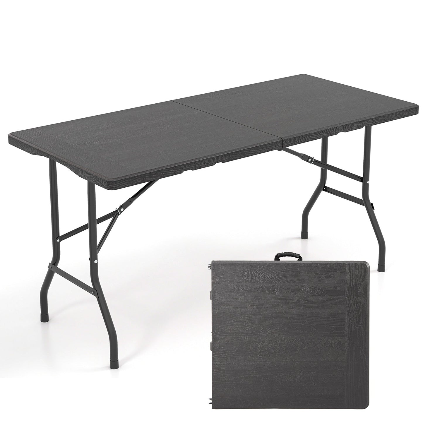 5FT Folding Picnic Table with Wood Grain HDPE Tabletop and Non-slip Foot Pads