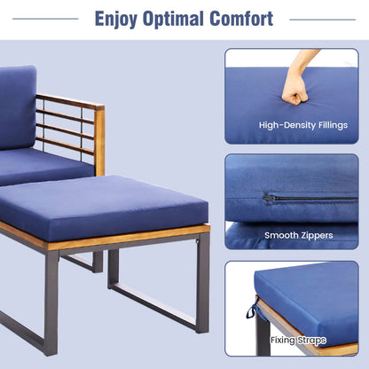 5 Piece Patio Acacia Wood Chair Set with Ottomans and Coffee Table-Navy