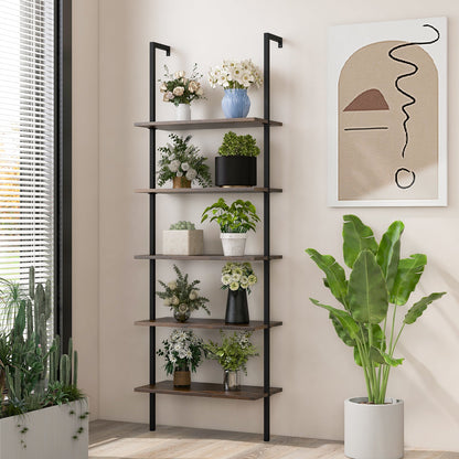 5 Tier Ladder Shelf Wall-Mounted Bookcase with Steel Frame-Brown
