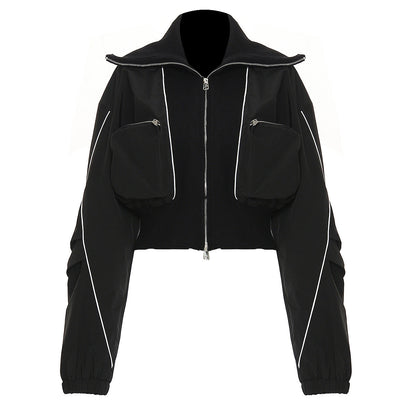 Womens Casual Jacket With Zippered Pockets And A Lapel Design