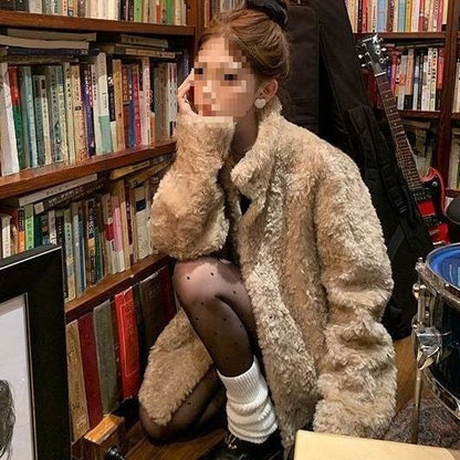 Women's Mid-length Stand Collar Loose Thick Fleece Coat