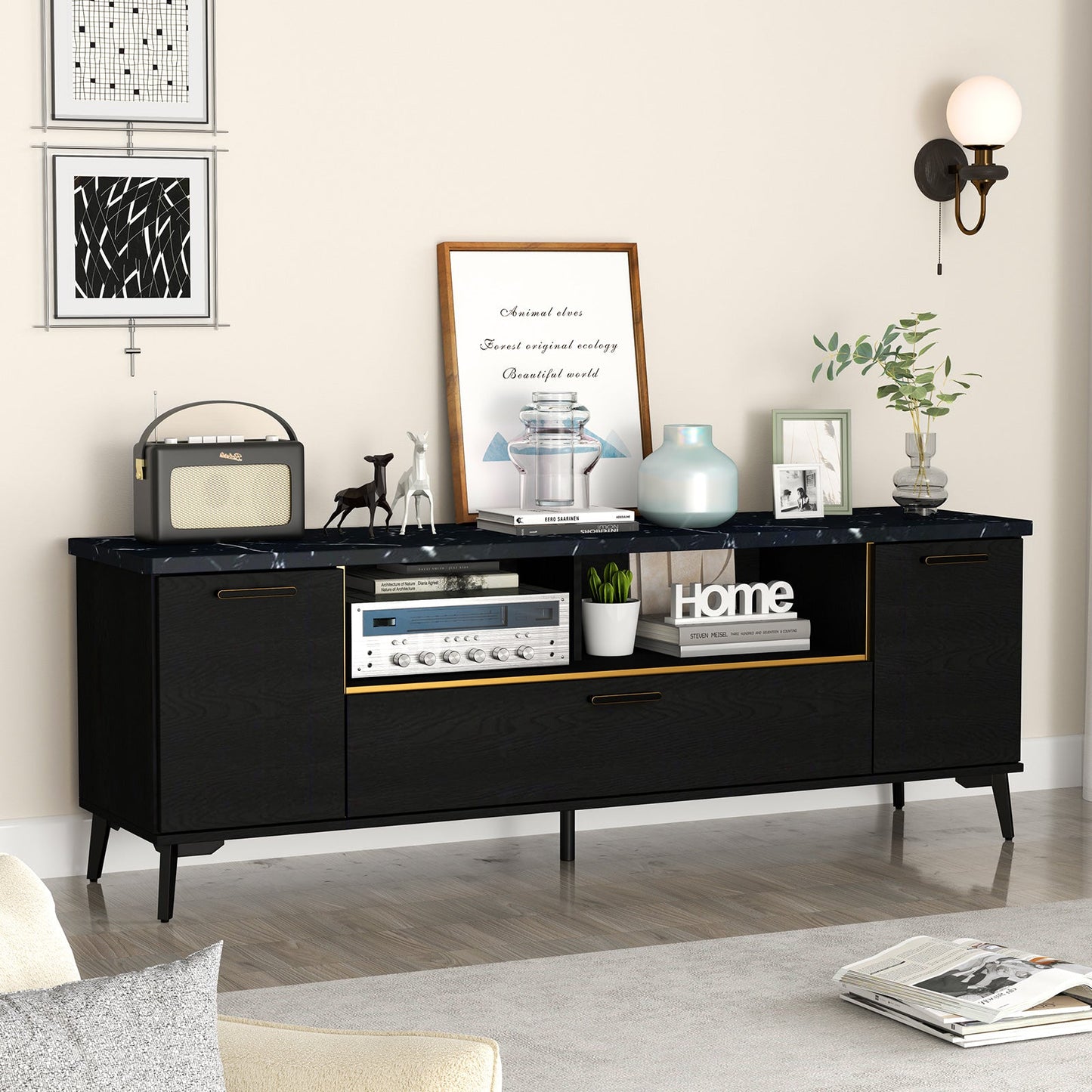 63 Inch TV Stand with Flip Door Cabinet for TVs up to 75 Inch-Black
