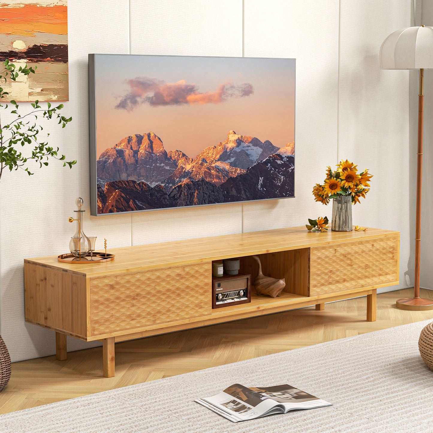 63 Inches Mid Century Modern Bamboo TV Stand with Sliding Doors-Natural