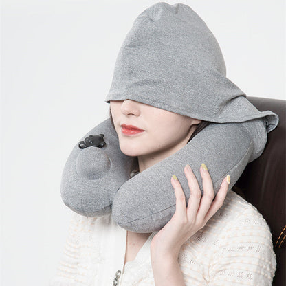 Portable Men And Women Travel Hooded Inflatable U-shaped Pillow