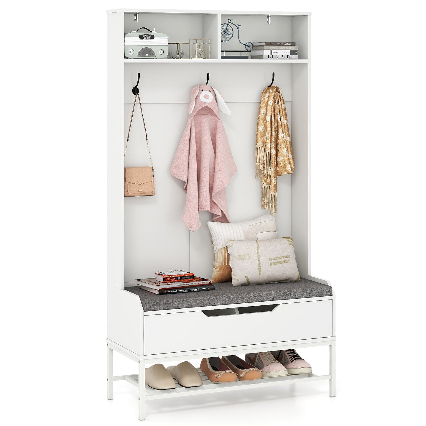 69 Inches Tall Hall Tree 4-in-1 Coat Rack with Seat Cushion and Shoe Storage