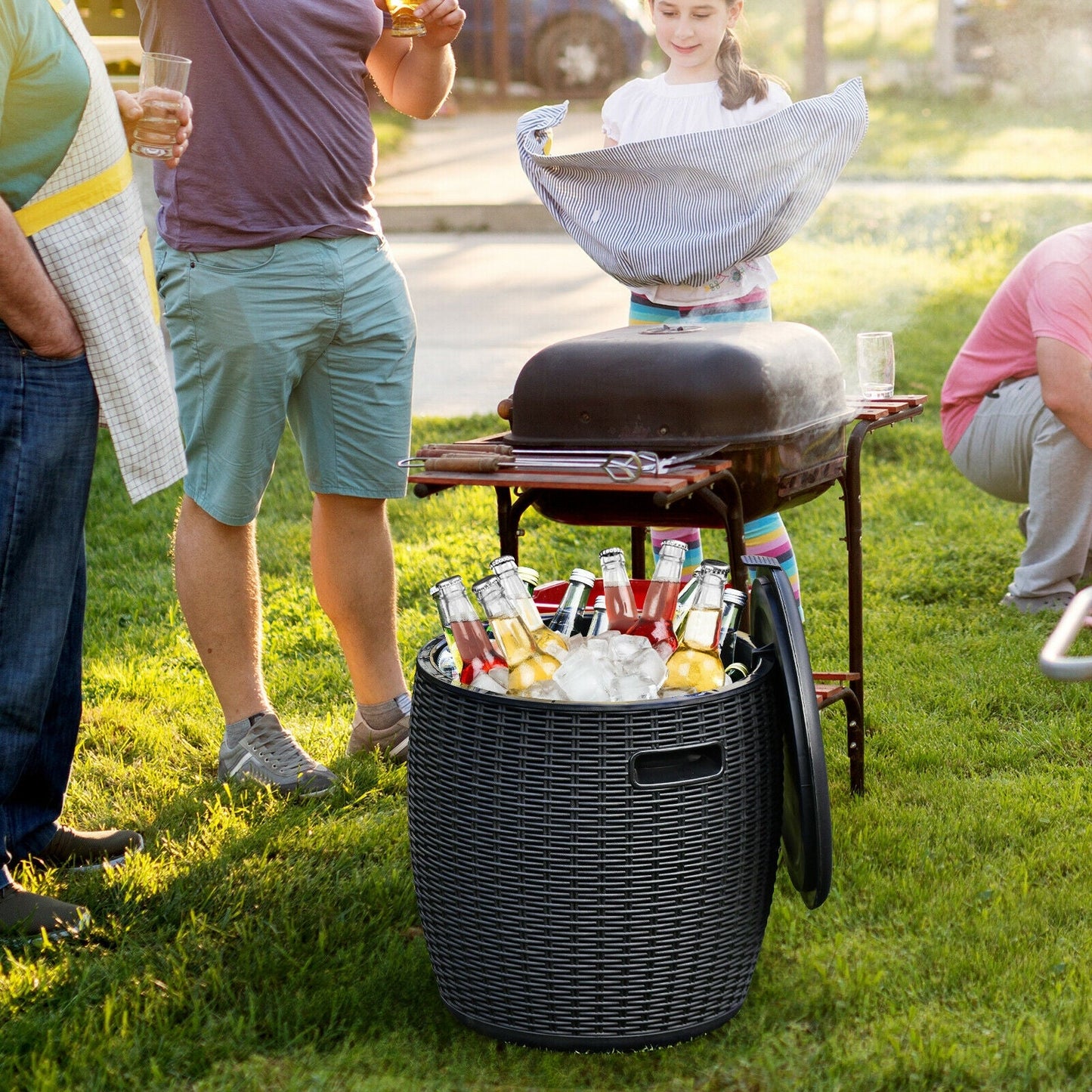 9.5 Gallon 4-in-1 Patio Rattan Cool Bar Cocktail Table Side Table