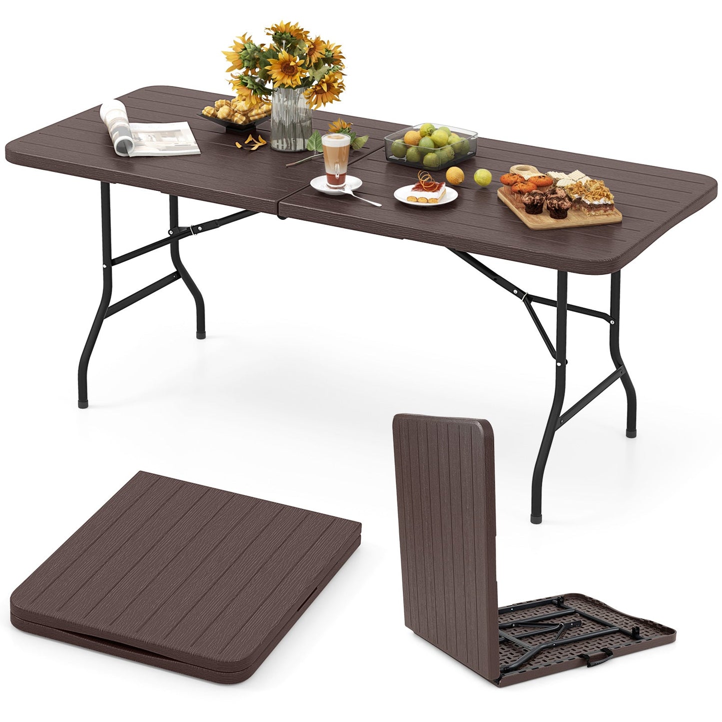 6 Feet Folding Table with Wood Grain HDPE Tabletop and Safe Lock Mechanism